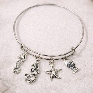 Beach Charm Bangle Bracelet Silver Seahorse Mermaid Starfish Gift